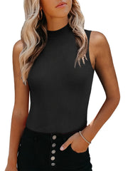 Ribbed Tank Top High Neck Slim Fit Sleeveless