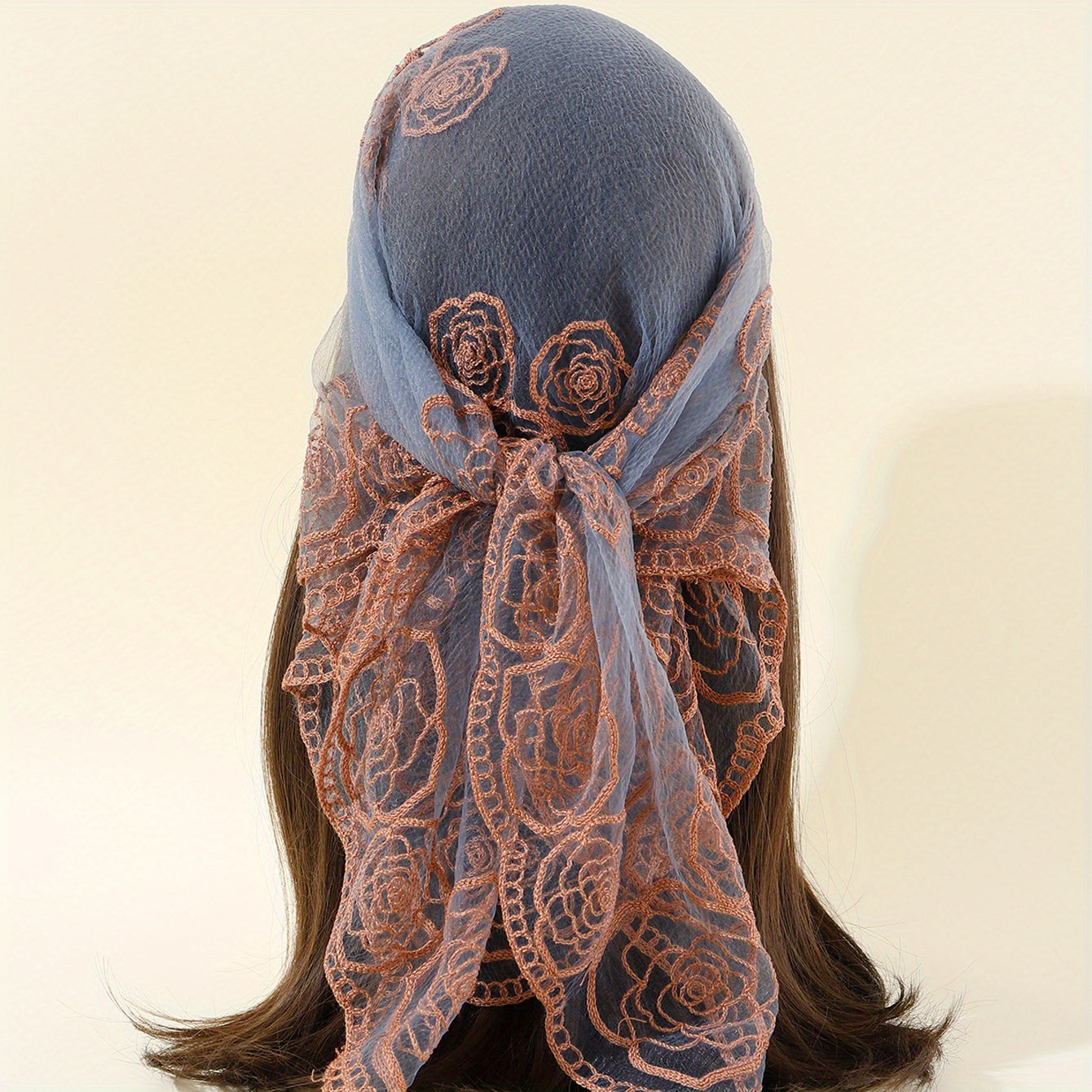 Boho Rose Flower Bandana Sheer Mesh Neckerchief Embroidered Head Wrap