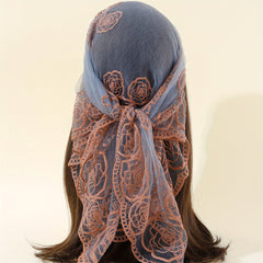 Boho Rose Flower Bandana Sheer Mesh Neckerchief Embroidered Head Wrap