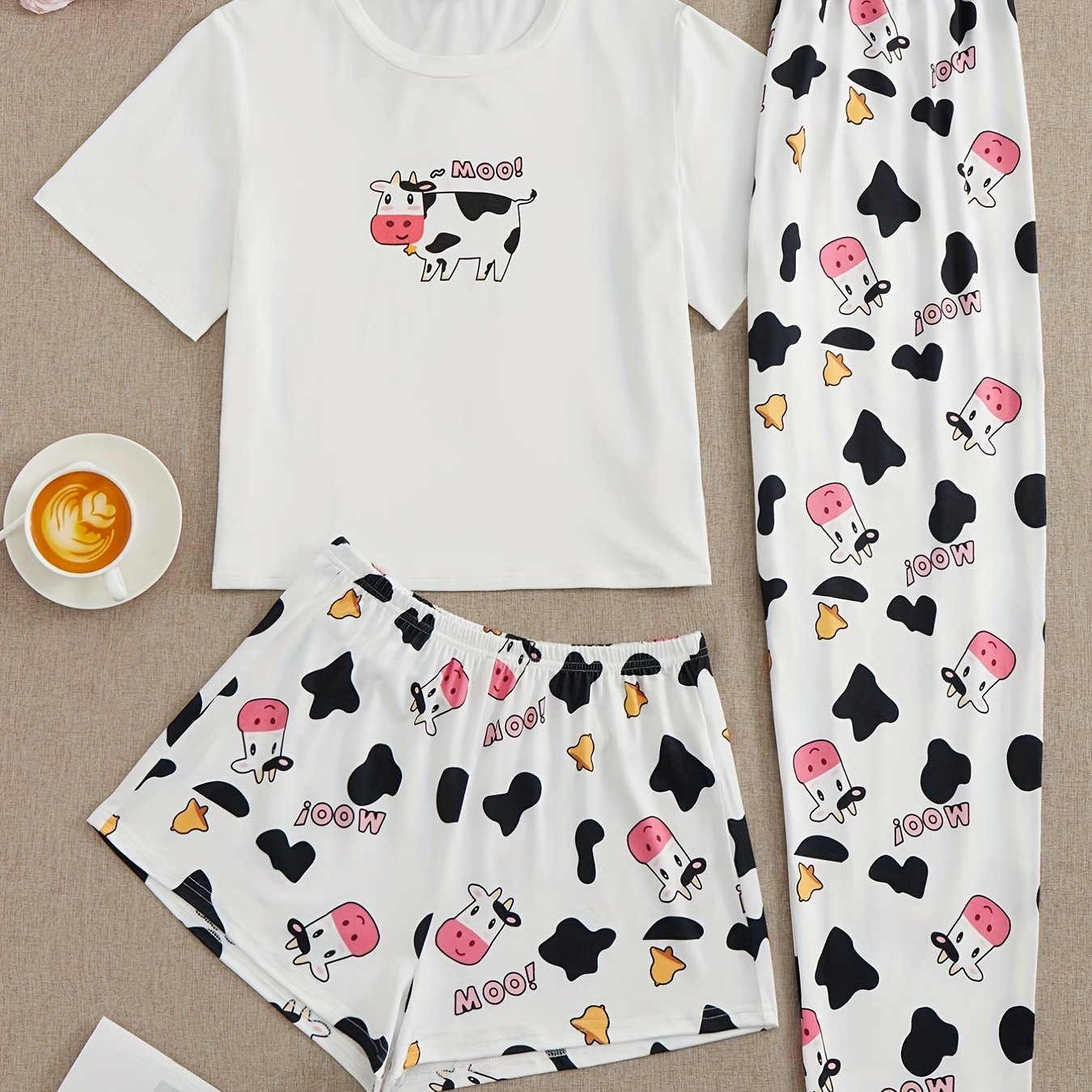 Cow Print Pajamas Set Short Sleeve Crew Neck Top & Shorts & Pants