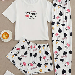 Cow Print Pajamas Set Short Sleeve Crew Neck Top & Shorts & Pants