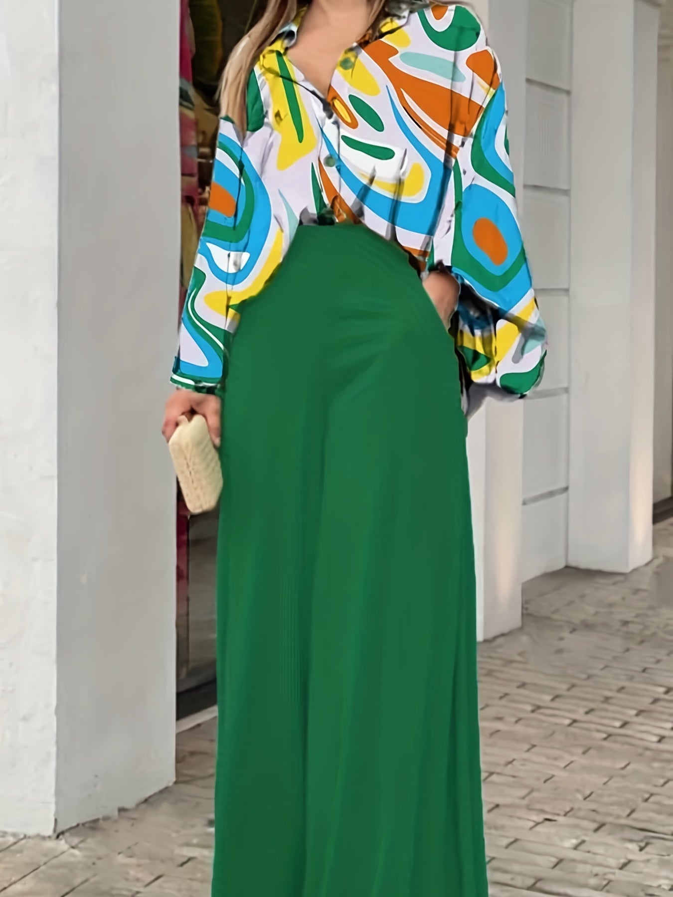 Two Piece Set: Print Button-Up Blouse & Wide Leg Pants