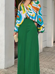Two Piece Set: Print Button-Up Blouse & Wide Leg Pants
