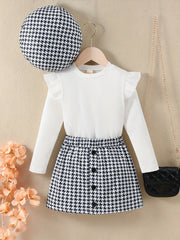 Girl's 3pcs Ribbed Top & Beret Hat & Houndstooth Skirt Set