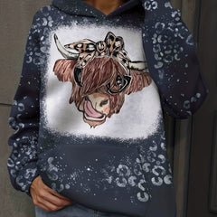 Cow Head Print Kangaroo Pocket Hoodie Long Sleeve Hoodies