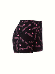 Women's Plus Heart & Slogan Print High Rise Skinny Shorts