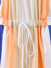 Colorblock Stripe Print Romper Short Sleeve V Neck Drawstring