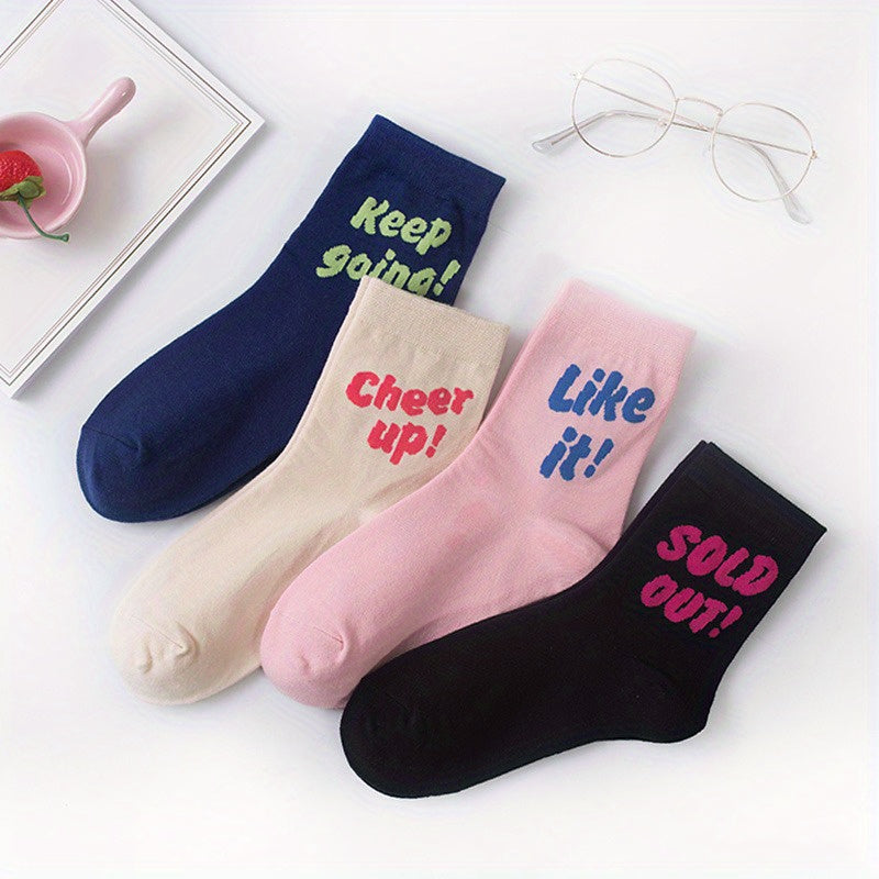 4 Pairs Letter Print Socks Women's Crew Stockings