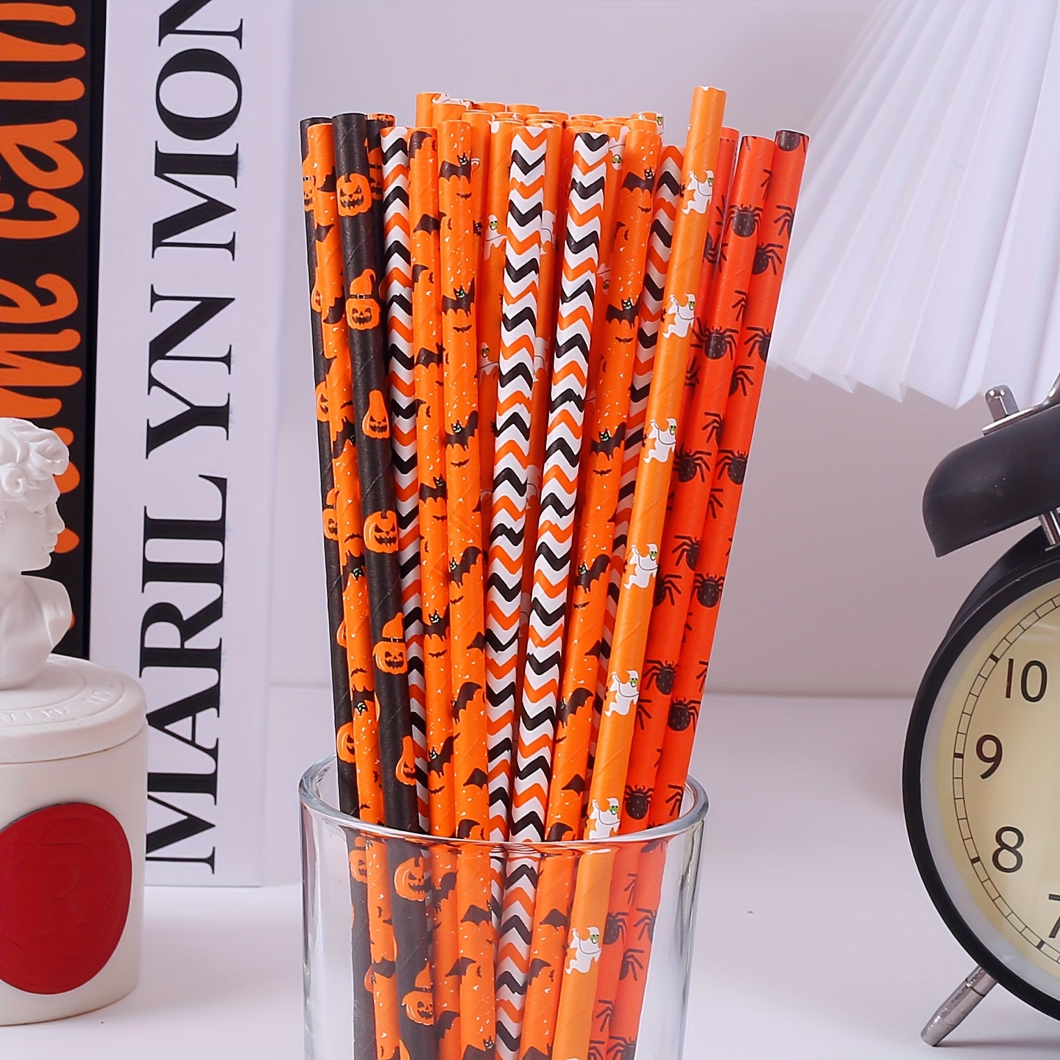 50 Multicolor Halloween Paper Straws, Biodegradable for Drinks