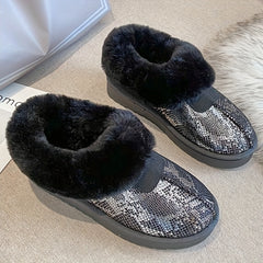 Women's Snakeskin Short Boots Slip-On Plush Lined Winter Boots
