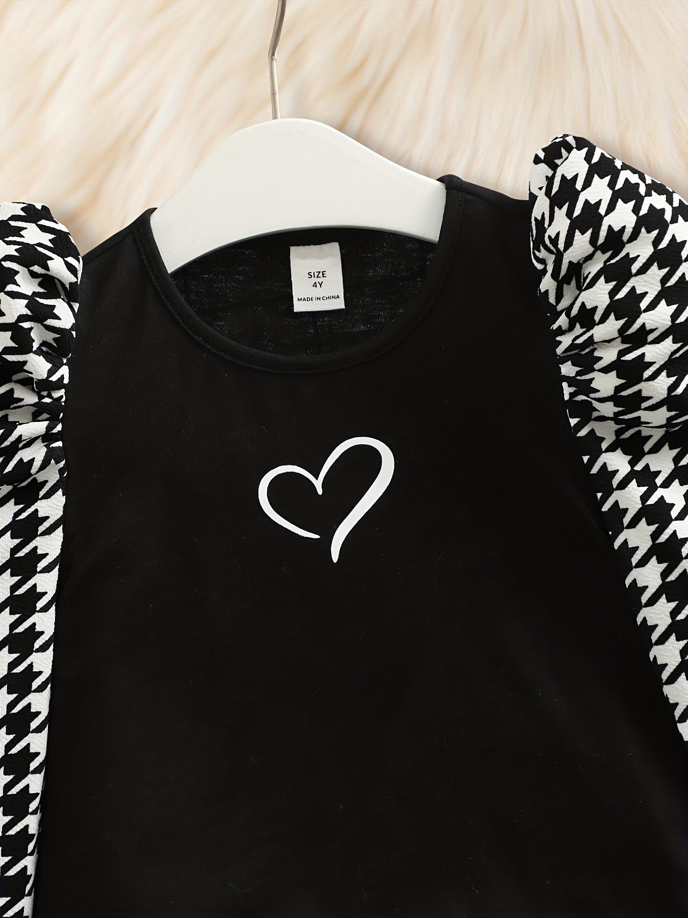 Girl's Heart Print Top & Flared Pants Set Houndstooth Pattern Outfit