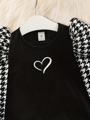 Girl's Heart Print Top & Flared Pants Set Houndstooth Pattern Outfit