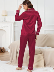Satin Pajama Set Long Sleeve Top & Elastic Waistband Pants