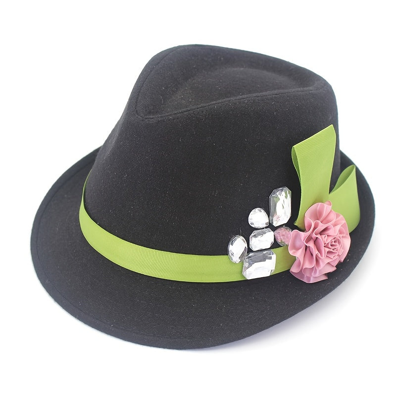 Women Flower Decor Fedora Hat Top Hat British Style Bowler Hat