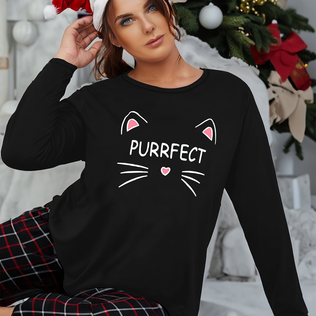 Women's Plus Size Letter & Cat Print Long Sleeve Loungewear Top