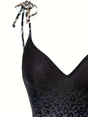 Leopard Print V Neck One Piece Swimsuit Set with Coverup Skirt