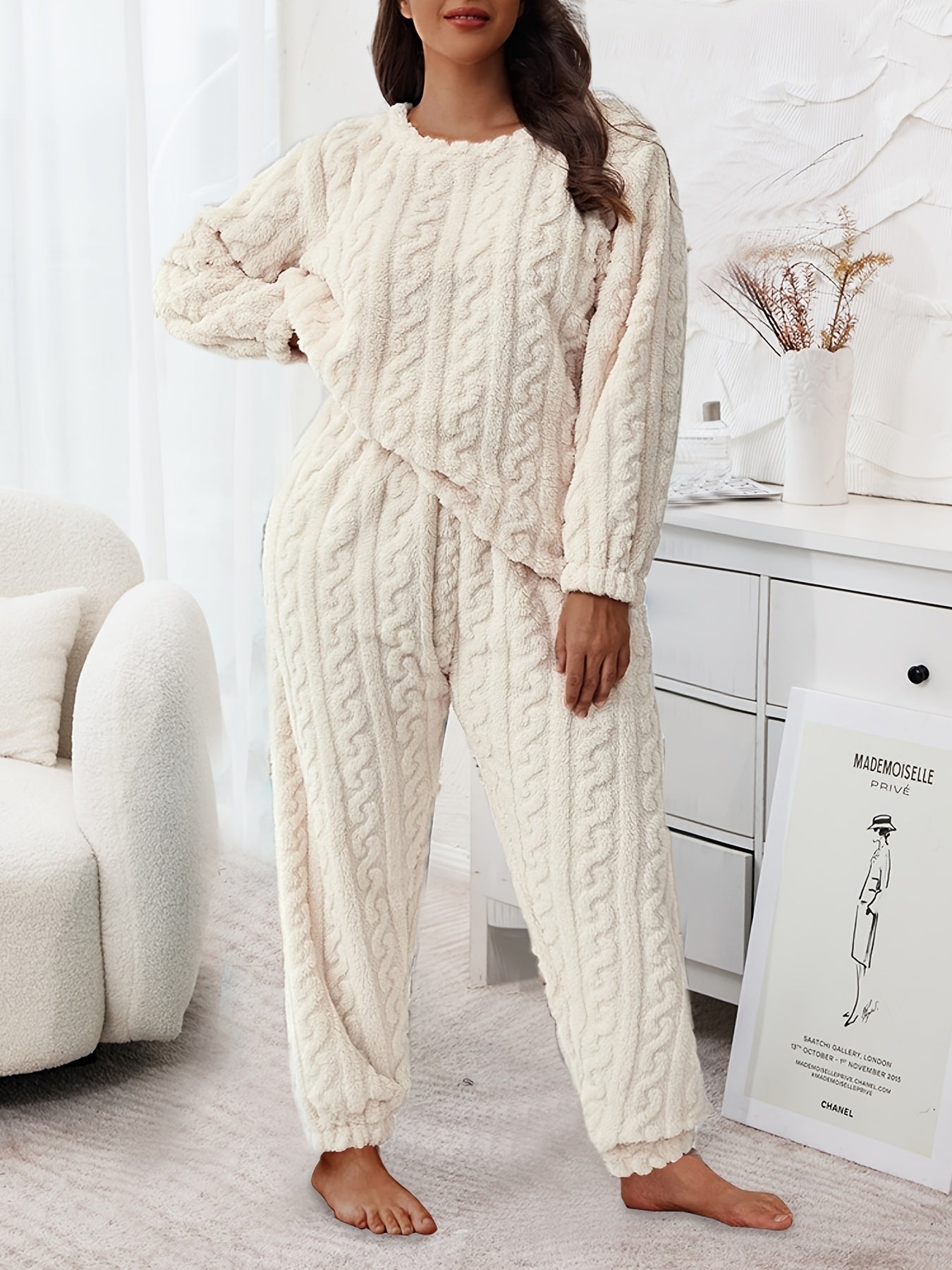 Flannelette Loungewear Set Crew Neck Top & Joggers Pajamas