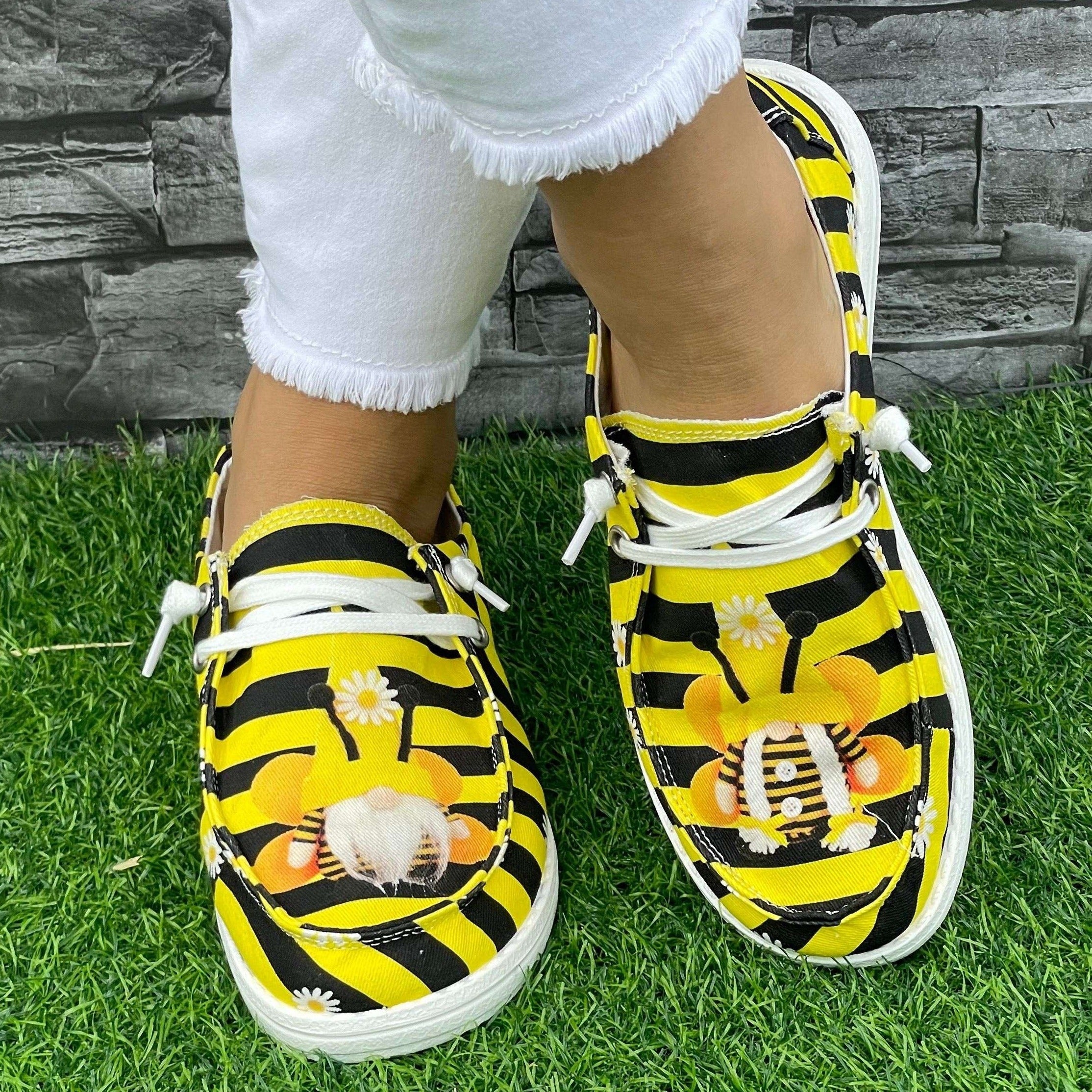 Yellow Striped Flat Shoes Women's Lightweight Casual Shoes
