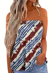 Star & Stripe Print Shirred Tube Top Bandeau Top for Summer
