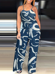Abstract Print Spaghetti Strap Jumpsuit Casual Drawstring Wide Leg Jumpsuit