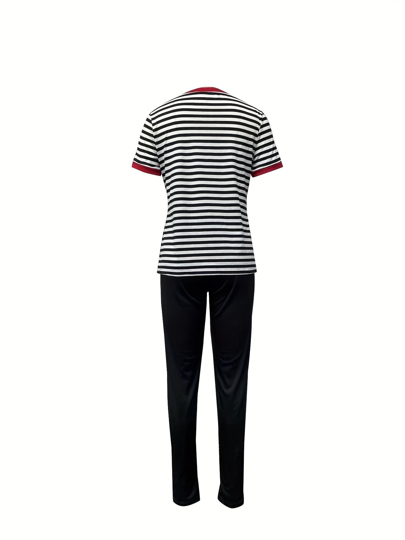 Striped Print Short Sleeve Tops & Solid Slim Pants Set