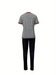 Striped Print Short Sleeve Tops & Solid Slim Pants Set