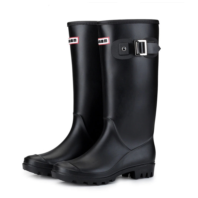 Women's Block Heel Long Rain Boots Buckle Strap Slip On Waterproof Shoes