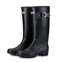 Women's Block Heel Long Rain Boots Buckle Strap Slip On Waterproof Shoes