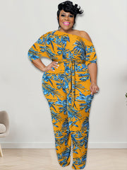 Geometric Print One Shoulder High Waist Jumpsuit