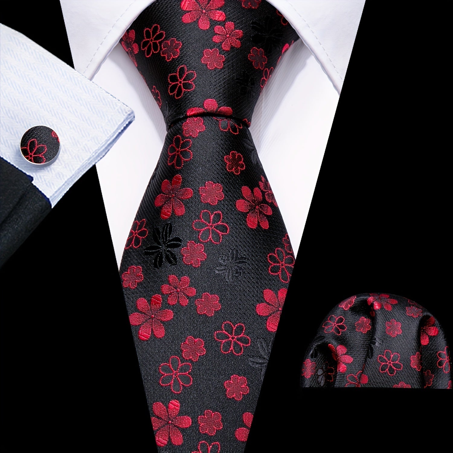 Barry Wang Men Ties Woven Silk Pocket Square Cufflinks Necktie Set