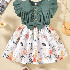 Girl's Floral Print Ruffle Button Down Tutu Dress