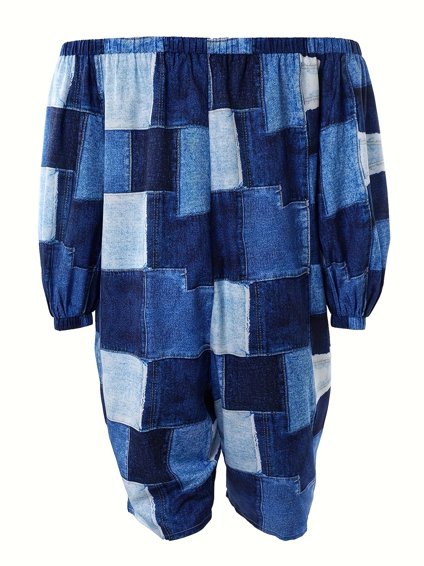 Denim Print Off Shoulder Half Sleeve Romper With Pockets