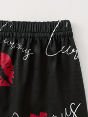 Lips Print Pajamas Set Short Sleeve Top & Shorts & Pants