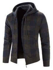 Men's Full Zip Up Casual Hooded Cardigan Plaid Sweater Jacket