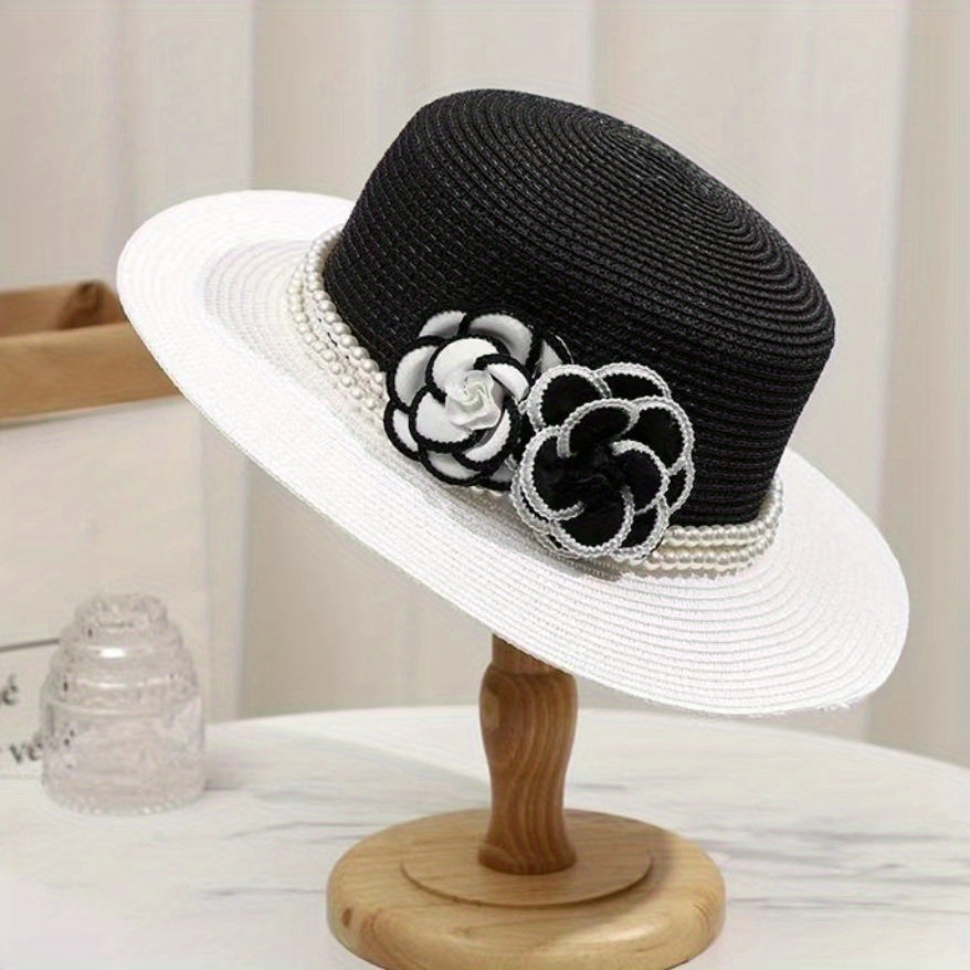 French Style Straw Hat Camellia Faux Pearl Chain Decor & Sun Hat