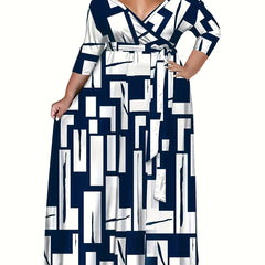 Plus Size Casual Geometric Print Maxi Dress with Belt