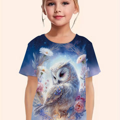Girls Dreamy Owl & Flower Graphic Short Sleeve T shirt - Summer Clothes
