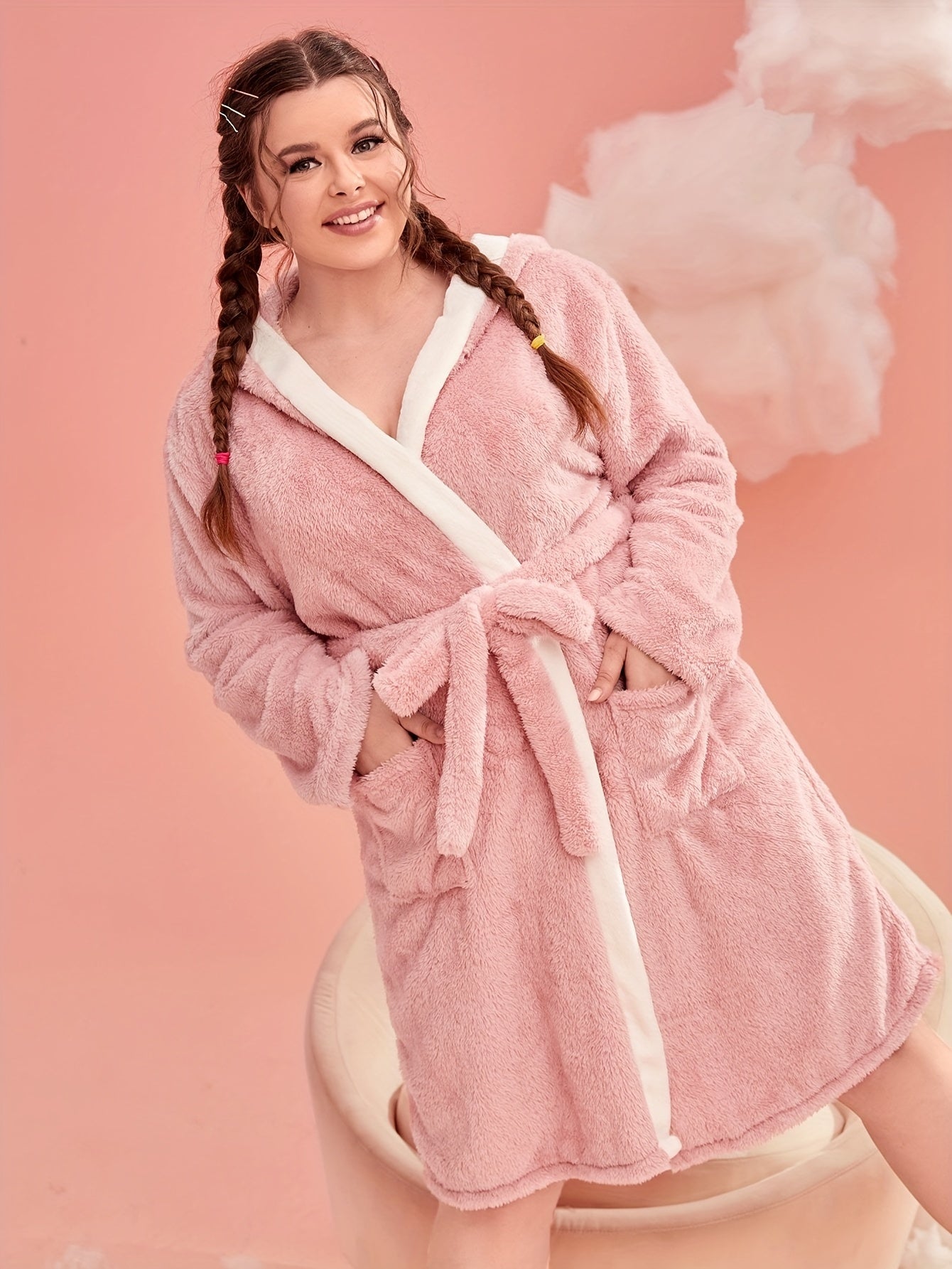 Women's Plus Flannel Long Sleeve Fleece Hooded Bathrobe