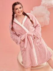 Women's Plus Flannel Long Sleeve Fleece Hooded Bathrobe