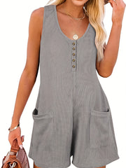 Button Front Dual Pockets Romper Casual Sleeveless Jumpsuit