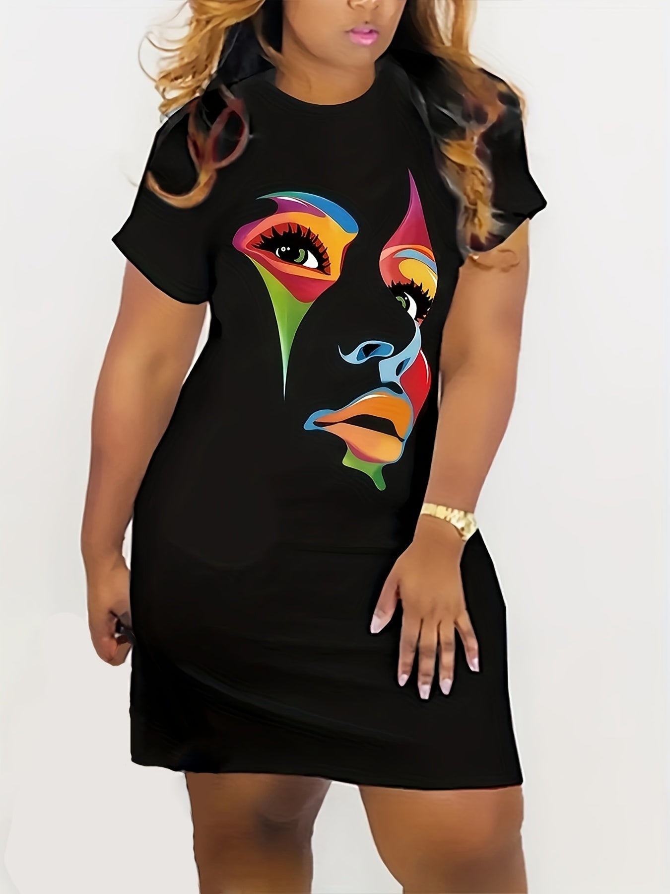 Abstract Figure Print Short Sleeve Nightdress