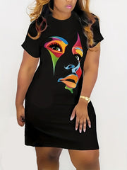 Abstract Figure Print Short Sleeve Nightdress
