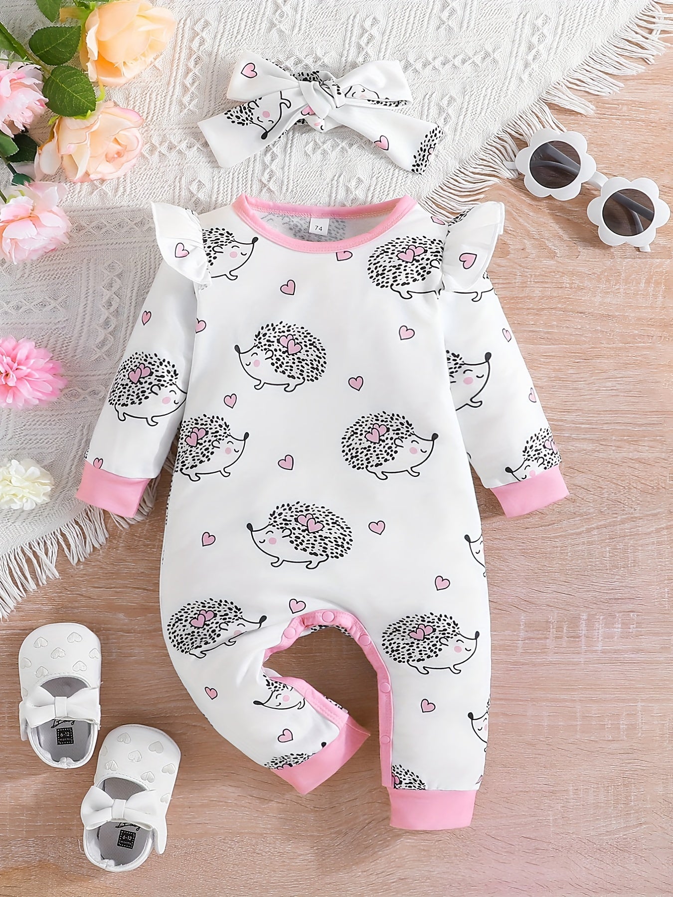 Newborn Cartoon Animal Pattern Jumpsuit & Headband 2pcs Set Baby Outfits