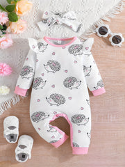 Newborn Cartoon Animal Pattern Jumpsuit & Headband 2pcs Set Baby Outfits
