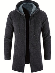 Plush Mid-length Jacket Men's Zip Up Hooded Jacket For Fall Winter
