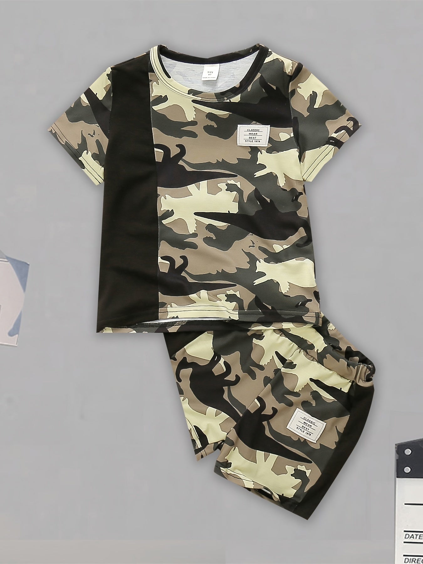 Boys Dino Print Camo T shirt & Shorts Set Kids Summer Clothes