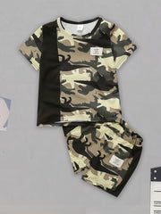 Boys Dino Print Camo T shirt & Shorts Set Kids Summer Clothes