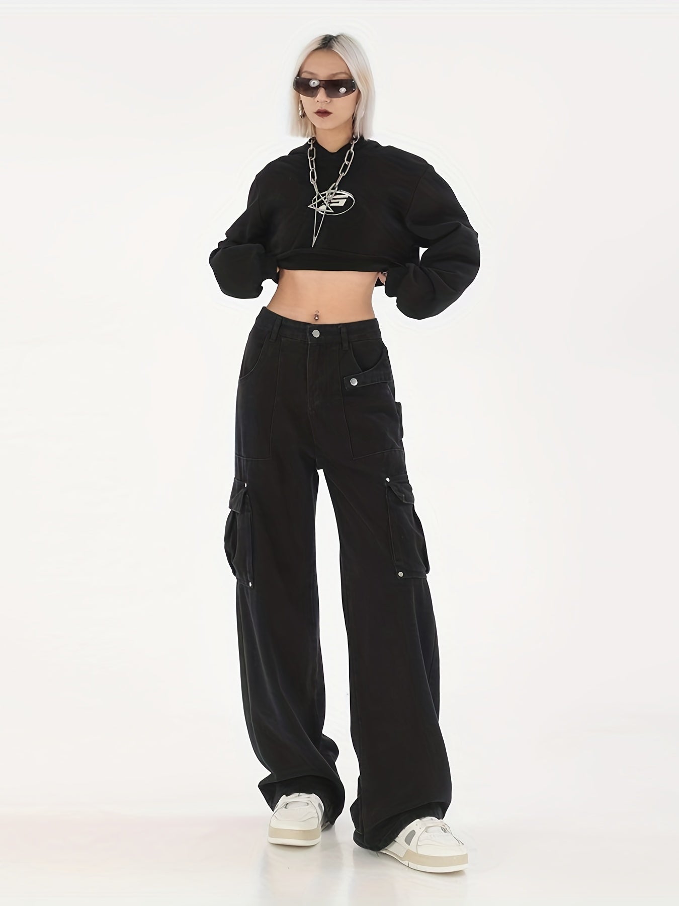Flap Pockets Cargo Pants Loose Fit Non Stretch Straight Jeans