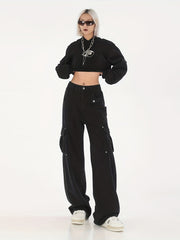 Flap Pockets Cargo Pants Loose Fit Non Stretch Straight Jeans