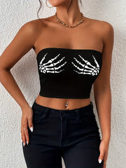 Skeleton Hand Print Crop Tube Top Women's Clothing